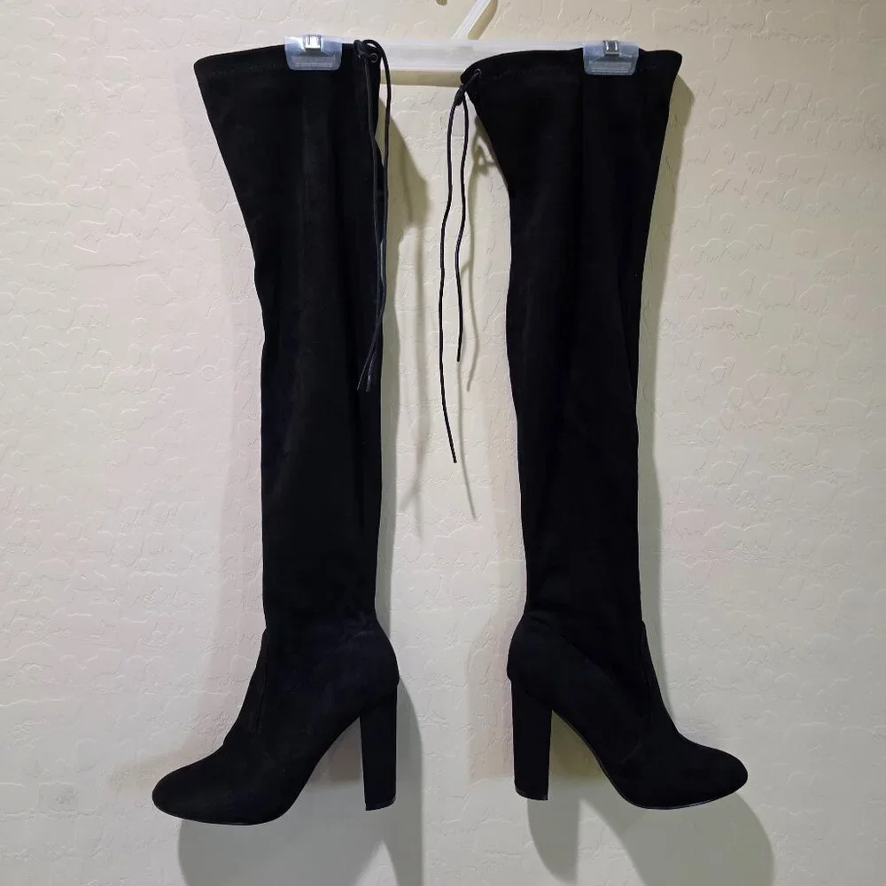 NWOT Black Faux Suede Over the Knee Thigh High Heeled Winter Goth Boots Boot 39